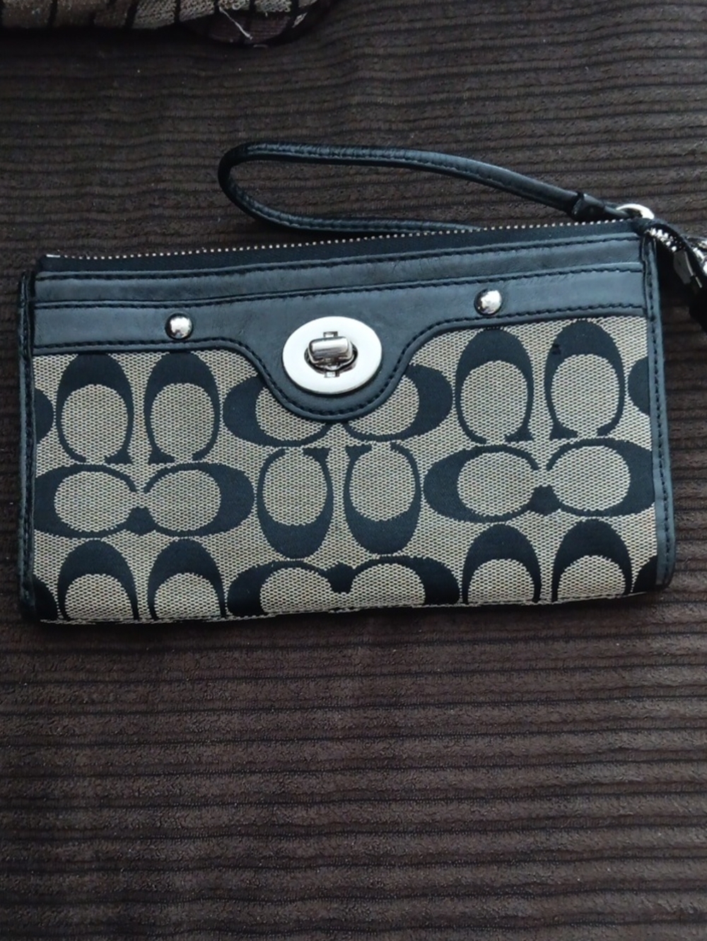 Signature Logo Wristlet in Black and Tan
